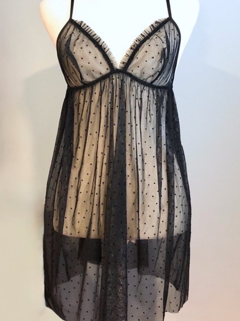 La Perla Black Sheer Babydoll Slip Large Tulle Polka Dot Lingerie Plumetis